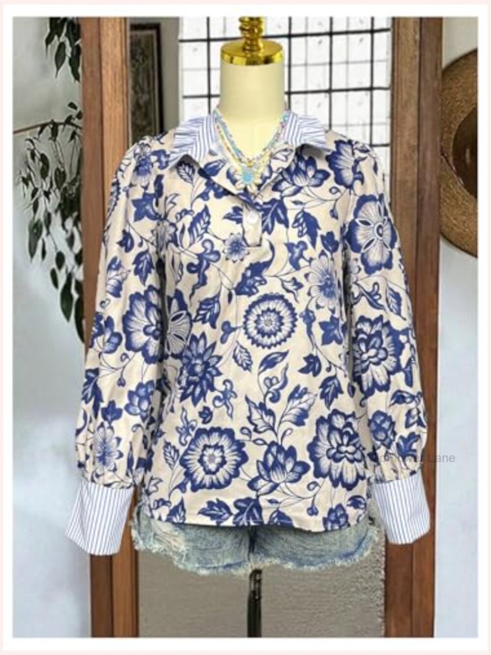 Boho Floral Striped Button Up Blouse Dressy Work Shirt Colorblock Long Sleeve - Picture 5 of 5